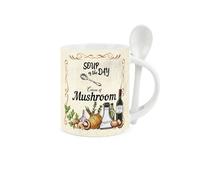 Purely Home Soup Mug and Spoon Set - Cream of Mushroom Soup of The Day - Ceramic White and Brown Soup Mug with Spoon in Handle