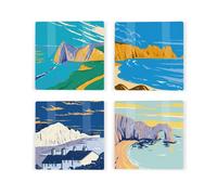 Purely Home South Coast England Ceramic Coaster Set - Cornwall Dorset Jurassic Coast Landmarks/landscapes Square Set Of Four (4) Coasters Gift
