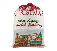 Purely Home Special Delivery Toy Train Santa Sack - Large Linen-Style Present Bag For Xmas Gifts With Red Drawstring Ties
