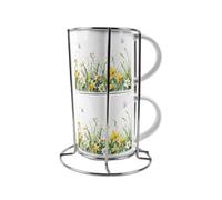 Purely Home Spring Daffodils Stacking Mugs Set Gift - Yellow Floral Ceramic Cups Set Of 2 With Metal Stand