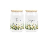 Purely Home Spring Daffodils Tea and Sugar Canister Set - Ceramic Kitchen Storage Containers with Wooden Lids 600ml (14.5cm x 9.5cm)