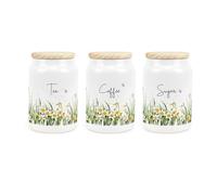 Purely Home Spring Daffodils Tea Coffee Sugar Canister Set - Ceramic Kitchen Storage Containers with Wooden Lids 600ml (14.5cm x 9.5cm)