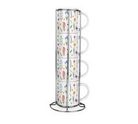 Purely Home Spring Flowers Stacking Mugs Set - Bright Wildflower Meadow Small Ceramic Tea/Coffee Cups - Drinkware Mug Gift Set with Metal Stand/Holder Set of 4