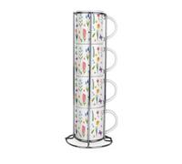 Purely Home Spring Flowers Stacking Mugs - Wildflower Meadow Ceramic Tea/coffee Cups - Mug Gift Set With Metal Stand/holder Set Of 4