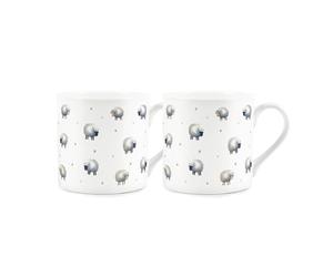 Purely Home Spring Sheep Mugs Set of 2 - Cute Cartoon-Style Countryside Farm Animal Gifts - White Bone China Coffee/Tea Hot Drinks Cups Present