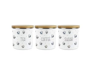 Purely Home Spring Sheep Tea Coffee & Sugar Storage Canisters Set - Cartoon-Style Countryside Farm Animal Kitchen Décor - 1.2L Enamel Hot Drinks Storage Containers Pack of 3