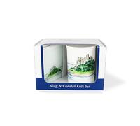 Purely Home St Michaels Mount Mug & Coaster Gift Set - British Landmarks by Rhiannon Chauncey - Bone China Mug and Glass Coaster Set - Tea/Coffee Present