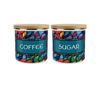 Purely Home Stained Glass Patterned Coffee & Sugar Canister Set - Colourful 1.2L Large Enamel Metal Kitchen Storage Containers Gift