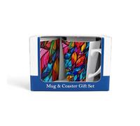 Purely Home Stained Glass Patterned Mug & Coaster Gift Set - Multicoloured Ceramic Latte Cup and Square Glass Coaster