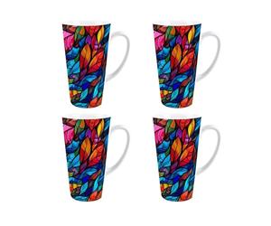 Purely Home Stained Glass Patterned Tall Latte Mug Set - Ceramic Multicoloured Large Coffee Cups - Set of 4 Gift