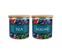 Purely Home Stained Glass Patterned Tea & Sugar Canister Set - Colourful 1.2L Large Enamel Metal Kitchen Storage Containers Gift