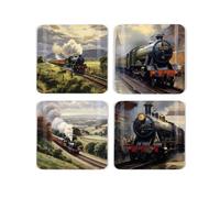 Purely Home Steam Trains Cork Coaster Set - Square Assorted Steam Train Locomotives - Set Of Four (4) Drinks Coasters