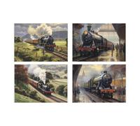 Purely Home Steam Trains Glass Placemats Set - Vintage British Trains Locomotive Table Mats Gift - Tempered Glass Non-Slip Feet 4Pk