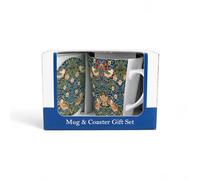 Purely Home Strawberry Thief Blue Mug & Coaster Gift Set - William Morris Artwork Ceramic Latte Cup and Glass Coaster Set - Tea/Coffee Present