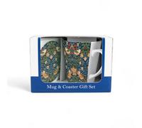 Purely Home Strawberry Thief Blue Mug & Coaster Gift Set - William Morris Artwork Ceramic Latte Cup And Glass Coaster Set - Tea/coffee Present