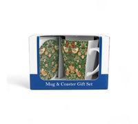 Purely Home Strawberry Thief Green Mug & Coaster Gift Set - William Morris Artwork Ceramic Latte Cup And Glass Coaster - Tea/coffee Present