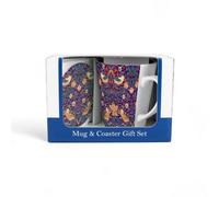 Purely Home Strawberry Thief Purple Mug & Coaster Gift Set - William Morris Artwork Ceramic Latte Cup And Glass Coaster - Tea/coffee Present