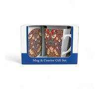 Purely Home Strawberry Thief Red Mug & Coaster Gift Set - William Morris Artwork Ceramic Latte Cup And Glass Coaster Set - Tea/coffee Present