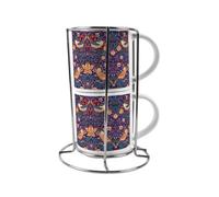 Purely Home Strawberry Thief Stacking Mugs Set - Purple William Morris Décor Gifts Ceramic Cups Set Of 2 With Metal Stand