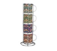 Purely Home Strawberry Thief Stacking Mugs Set - William Morris Artwork Present - Set of 4 Ceramic Mugs Gift Set with Metal Stand