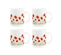 Purely Home Summer Poppies Bone China Mugs Set of 4 - Red Floral Remembrance Day Tea/Coffee Cups Gift