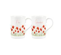 Purely Home Summer Poppies Nan & Grandad Mugs Set - Remembrance Day Red Floral Bone China Tea/Coffee Cups Set of 2