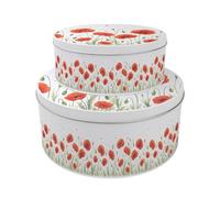 Purely Home Summer Poppies Set of 2 Cake Tins Gift - Red & Green Floral Nesting Round Large & Medium Metal Storage Containers for Cakes and Baking