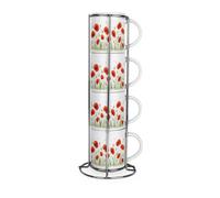 Purely Home Summer Poppies Stacking Mugs Set - Red Floral Presents - Set Of 4 Ceramic Mugs Gift Set With Metal Stand