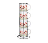 Purely Home Summer Poppies Stacking Mugs Set - Red Floral Presents - Set of 4 Small Ceramic Mugs Gift Set with Metal Stand