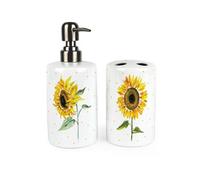 Purely Home Sunflowers Bathroom Accessories Set - Flowers & Polka Dots Refillable Soap Dispenser & Toothbrush Holder - Floral Washrooom Gift