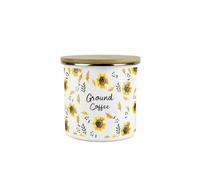 Purely Home Sunflowers Ground Coffee Storage Canister - White Floral Metal Enamel Medium Sized Food Storage Container