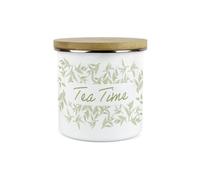 Purely Home Tea Time Storage Canister - Green Tea Leaves Artistic Present - White Metal/enamel Tea Storage Container Kitchen Gift