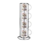 Purely Home Teacup Bunny Stacking Mugs Set - Cute Floral Present - Set Of 4 Ceramic Mugs Gift Set With Metal Stand