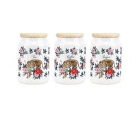 Purely Home Tiger Tea Coffee & Sugar Ceramic Storage Canisters - Pink & Red Floral Ceramic Kitchen Food Storage Containers & Wooden Lid 600ml (14.5cm x 9.5cm) - Set of 3