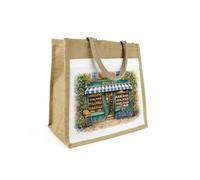 Purely Home Traditional Bakery Jute Shopping Bag Gift - Quaint Village Reusable Shopper Bag with Front Pocket