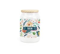 Purely Home Tropical Flowers Ceramic Sugar Storage Canister - Exotic Floral & Foliage Décor Gift - Kitchen Food Storage Jar/Container & Wooden Lid 600ml (14.5cm x 9.5cm)