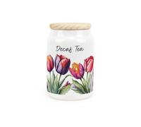 Purely Home Tulips Ceramic Decaf Tea Canister - Pink & Purple Floral Gifts For Gardeners - Kitchen Storage Container & Wooden Lid 600Ml