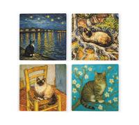 Purely Home Van Gogh Cats Coasters - Cat Themed Set Of 4 Square Ceramic Coasters