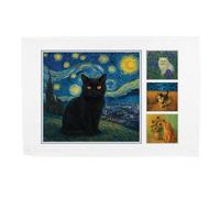 Purely Home Van Gogh Cats Tea Towel - Artwork Inspired Cat Gift Panama Cotton Kitchen Dish Towel/Drying Cloth - 67cm x 45cm