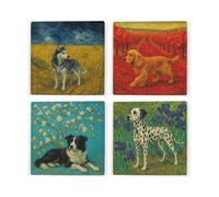 Purely Home Van Gogh Dogs Ceramic Coaster Set - Landscape Gifts For Dogs Lovers - Square Drinks Coasters 4 Pack
