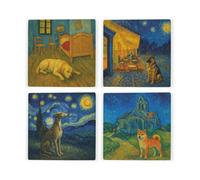Purely Home Van Gogh Dogs Ceramic Coaster Set - Starry Night Gifts For Dogs Lovers - Square Drinks Coasters 4 Pack