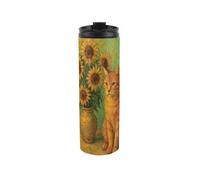 Purely Home Van Gogh Sunflowers Cat Portrait Travel Flask - Artwork Inspired Reusable 500Ml Stainless Steel Flask Mug Gift For Cat Lovers