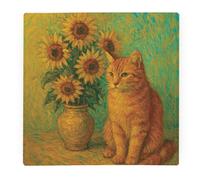 Purely Home Van Gogh Sunflowers Ginger Cat Large Square Worktop Protector - Smooth Glass Chopping Board