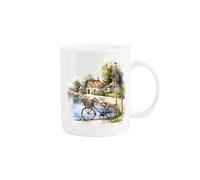 Purely Home Vintage Bicycle Mug - Painted Watercolour Bike Village River Gift Present - Tea Coffee White Bone China Mug