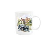 Purely Home Vintage Car Mug - Painted Watercolour Blue Classic Car Country House Gift Present - Tea Coffee White Bone China Mug