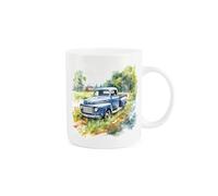 Purely Home Vintage Car Mug - Painted Watercolour Blue Classic Car/Pickup Countryside Gift Present - Tea Coffee White Bone China Mug