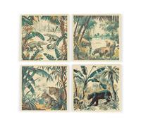 Purely Home Vintage Jungle Ceramic Coaster Set - Exotic Safari Crocodile Hippo Panther Leopard Square Set Of Four (4) Coasters Gift