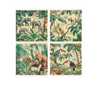 Purely Home Vintage Jungle Ceramic Coaster Set - Exotic Safari Elephant Monkey Chimpanzee Toucan Square Set Of Four (4) Coasters Gift