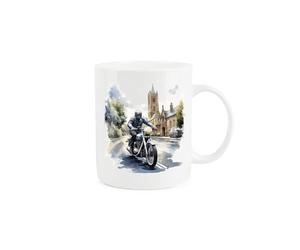Purely Home Vintage Motorbike Mug - Painted Watercolour Motorcycle Biker Cathedral Pass Gift Present - Tea Coffee White Bone China Mug