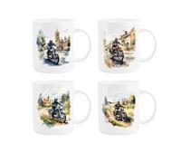 Purely Home Vintage Motorbikes Mugs Set - Painted Watercolour Motorcycle Biker Gift Set - White Tea Coffee Drinks Bone China Mug Present Pack of 4